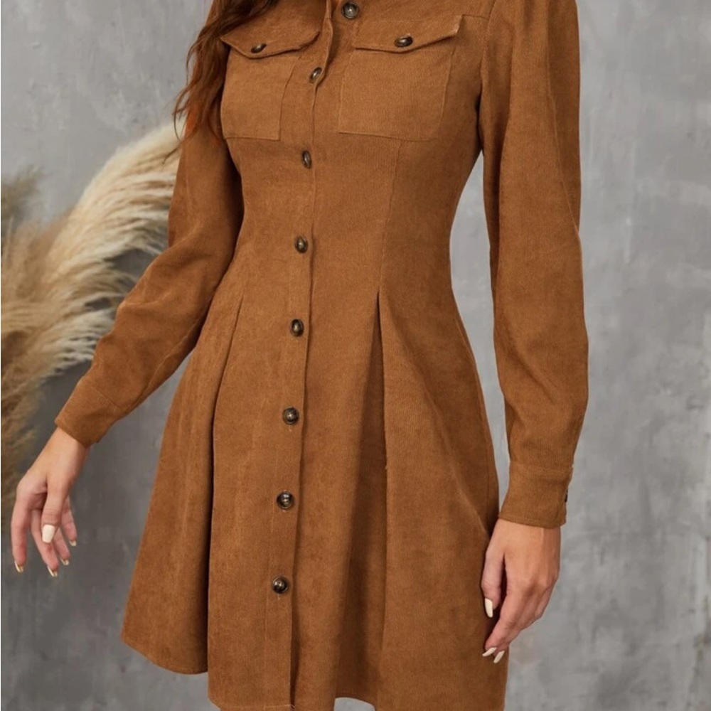 Classic Flap Pocket Puff Sleeve Fold Pleated Hem Dress